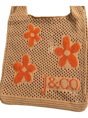 J&CO Crochet Mesh Flower Tote Bag Neutral Orange Knit Shoulder Bag